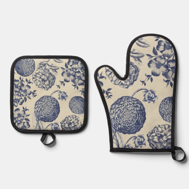 Antique Blue Flower Print Floral Oven Mitt & Pot Holder Set (Front)