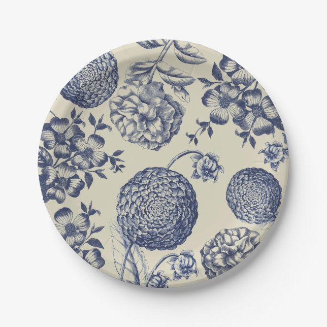 Antique Blue Flower Print Floral Paper Plate (Front)