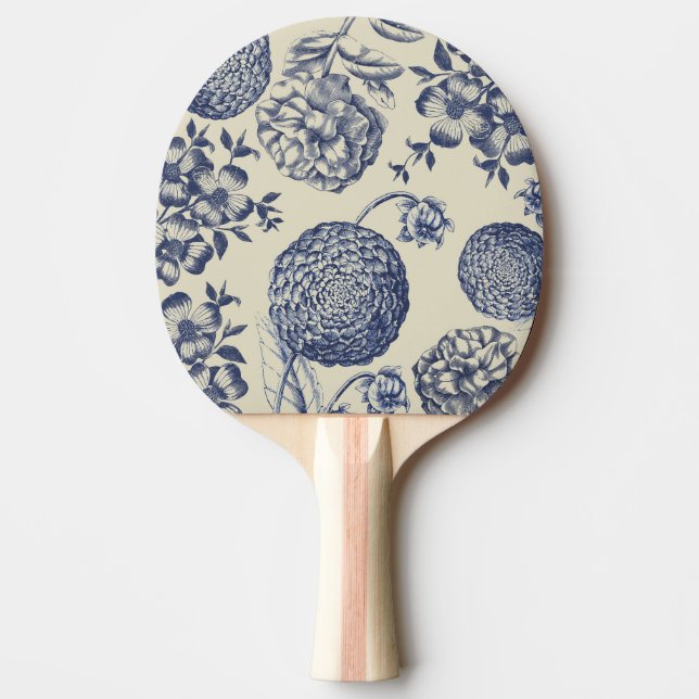 Antique Blue Flower Print Floral Ping Pong Paddle (Front)