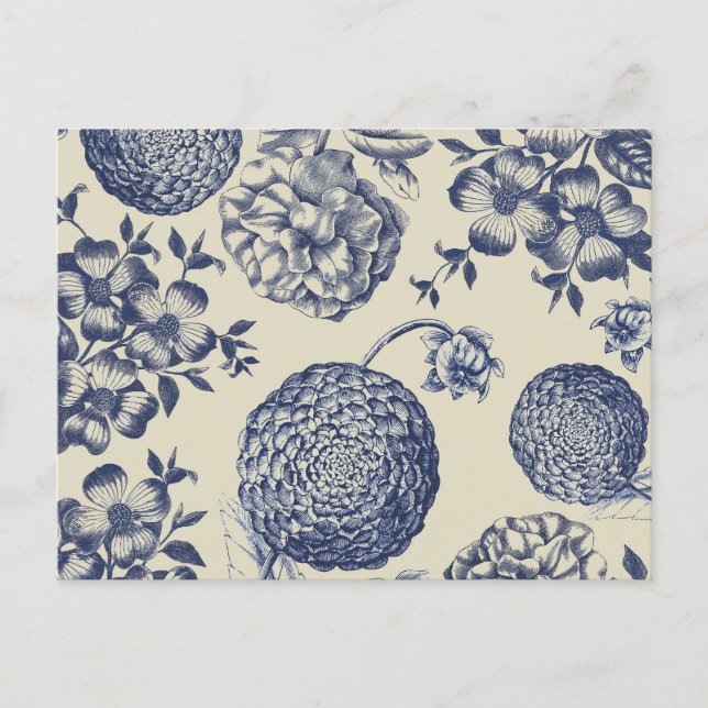 Antique Blue Flower Print Floral Postcard (Front)