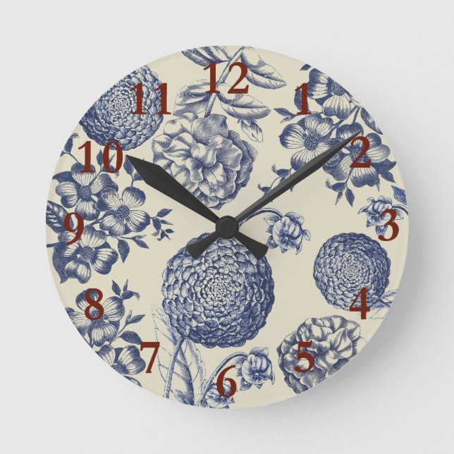 Antique Blue Flower Print Floral Round Clock (Front)
