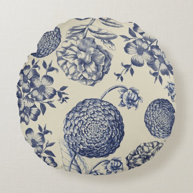 Antique Blue Flower Print Floral Round Cushion (Front)