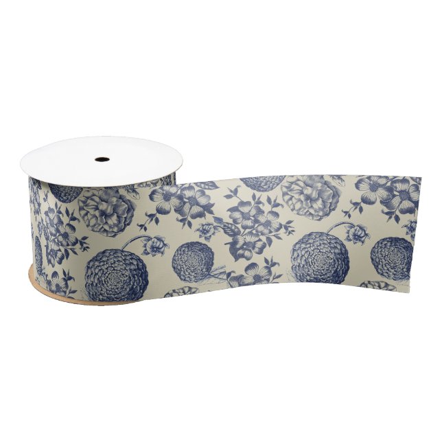 Antique Blue Flower Print Floral Satin Ribbon (Spool)