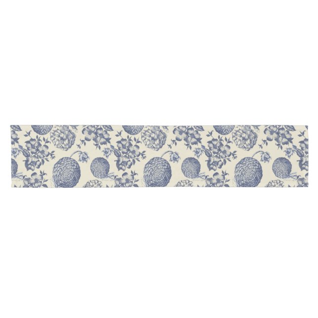 Antique Blue Flower Print Floral Short Table Runner (Horizontal)
