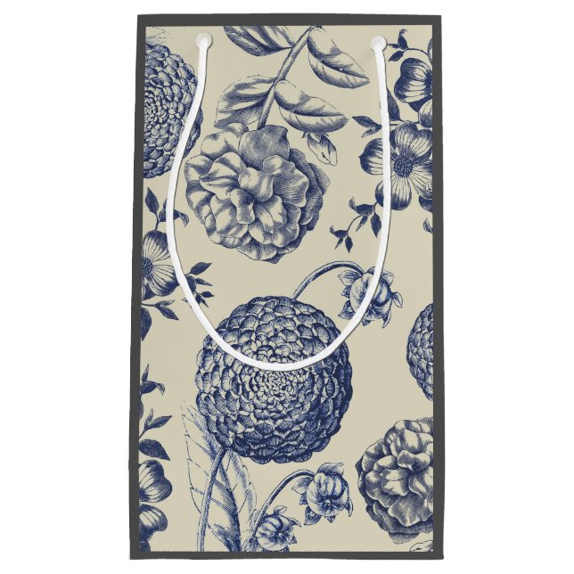 Antique Blue Flower Print Floral Small Gift Bag (Front)