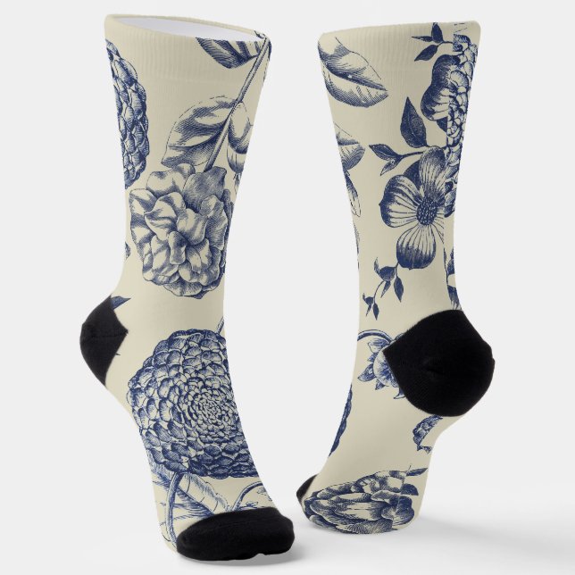Antique Blue Flower Print Floral Socks (Angled)