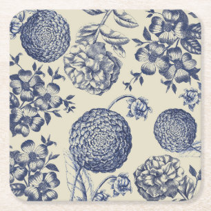 Antique Blue Flower Print Floral Square Paper Coaster