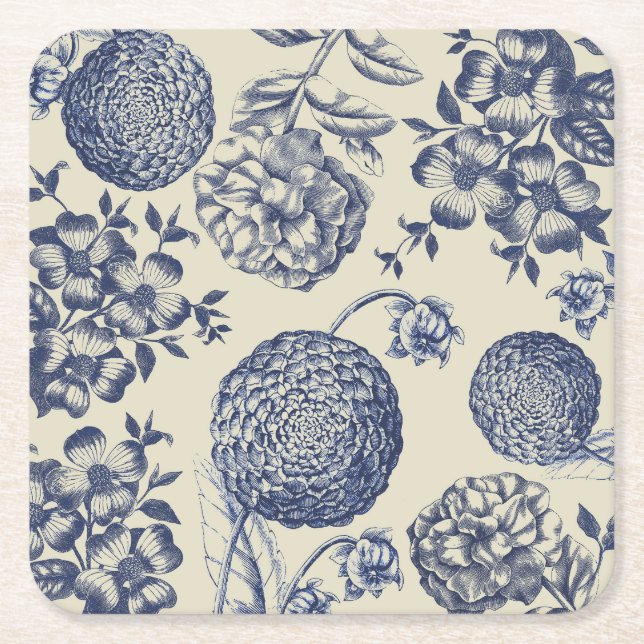 Antique Blue Flower Print Floral Square Paper Coaster (Front)