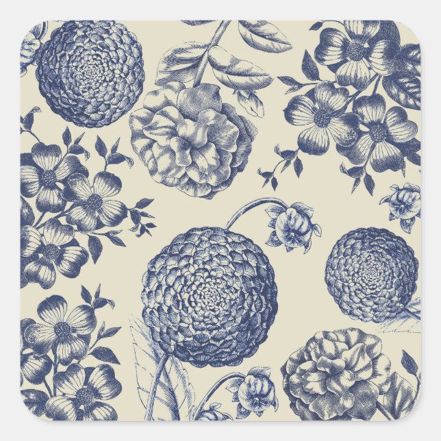 Antique Blue Flower Print Floral Square Sticker (Front)