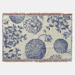 Antique Blue Flower Print Floral Throw Blanket