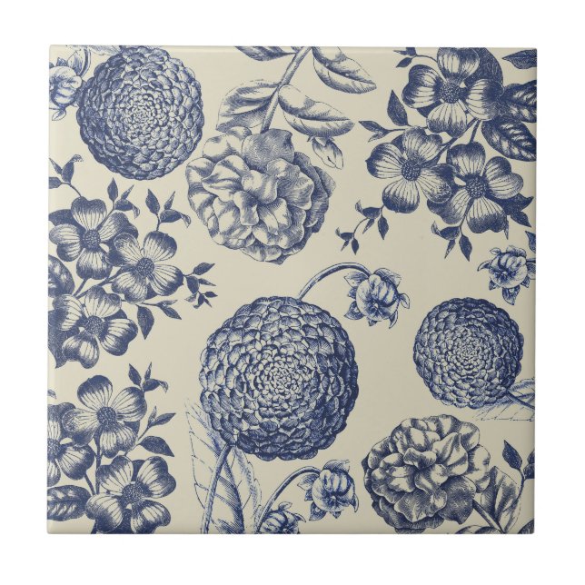 Antique Blue Flower Print Floral Tile (Front)