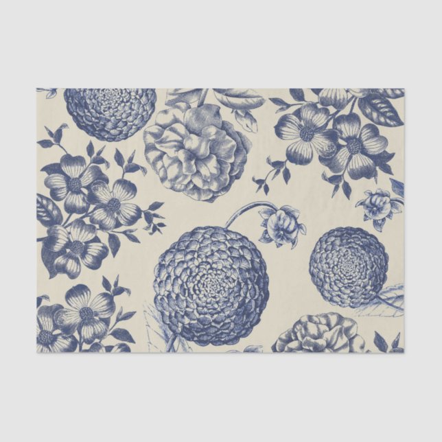 Antique Blue Flower Print Floral Tissue Paper (Front)