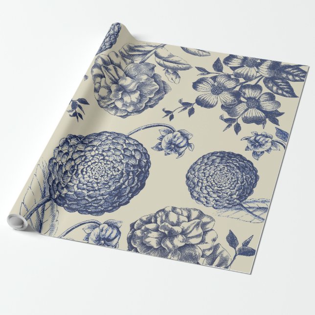 Antique Blue Flower Print Floral Wrapping Paper (Unrolled)