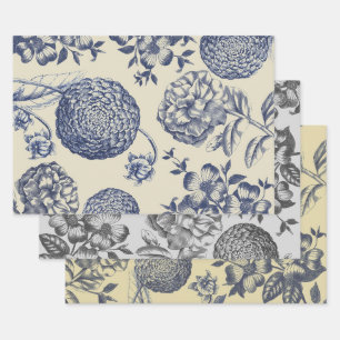 Antique Blue Flower Print Floral Wrapping Paper Sheet