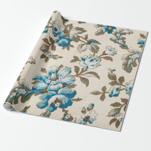 Antique Blue Flowers Floral Botanical Beige  Wrapping Paper