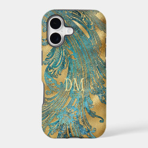 Antique Blue Grunge Swirl Monogram on Gold