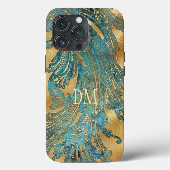 Antique Blue Grunge Swirl Monogram on Gold  Case-Mate iPhone Case (Back)