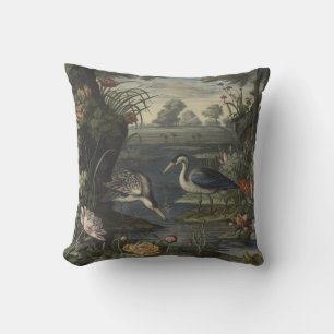 Antique Blue Herons and Botanical River Fine Art Cushion
