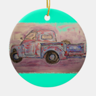 antique blue patina truck ceramic tree decoration