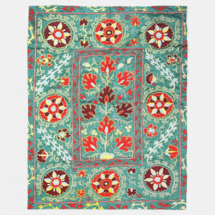 ANTIQUE BLUE RED WHITE FLORAL UZBEK EMBROIDERY FLEECE BLANKET