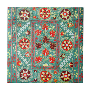 ANTIQUE BLUE RED WHITE FLORAL UZBEK EMBROIDERY  TILE