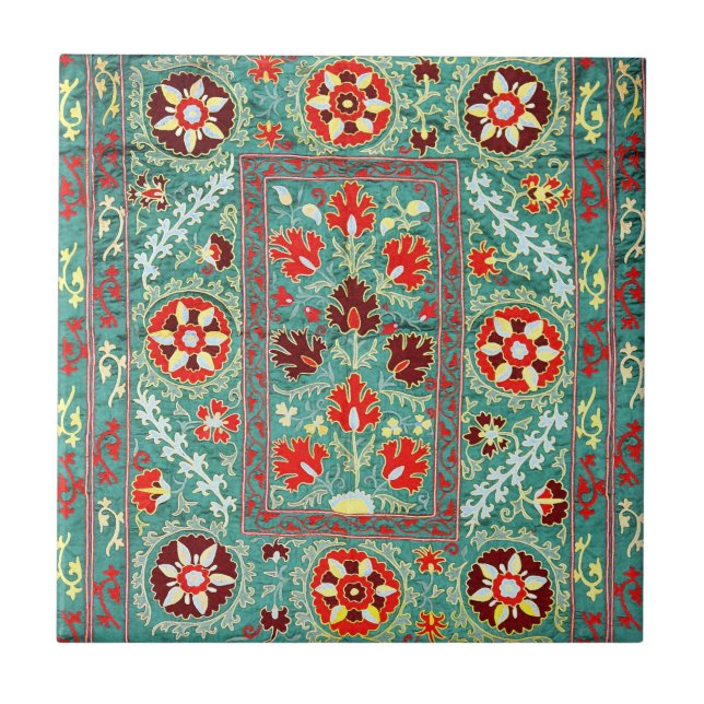 ANTIQUE BLUE RED WHITE FLORAL UZBEK EMBROIDERY  TILE (Front)