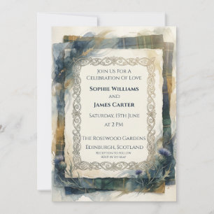 Antique Blue Tartan Thistle Wedding Invitation
