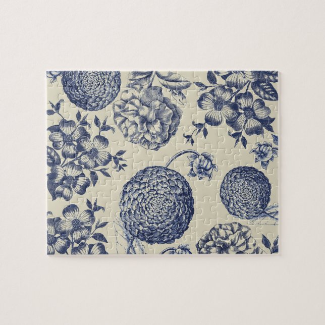 Antique Blue Toile Botanical Flower Print Floral Jigsaw Puzzle (Horizontal)