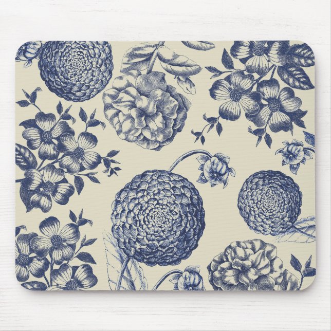 Antique Blue Toile Botanical Flower Print Floral Mouse Mat (Front)