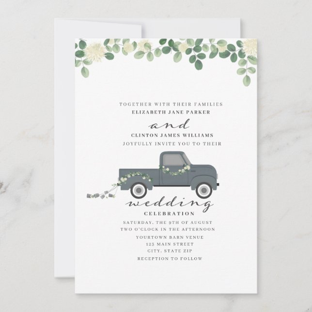 Antique Blue Truck With Tin Cans Wedding Invitation (Front)