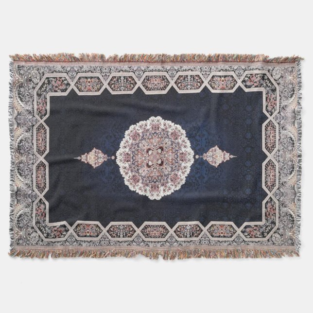 Antique Blue Turkish Persian Carpet Rug Throw Blanket (Front)