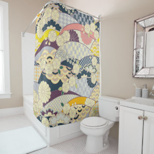 Antique Blue White Japanese Kimono Floral Flower Shower Curtain