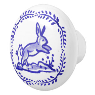 Antique Blue White Rabbit Delft Look Ceramic Pull