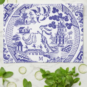 Antique Blue Willow China Pattern Vintage Monogram Tea Towel