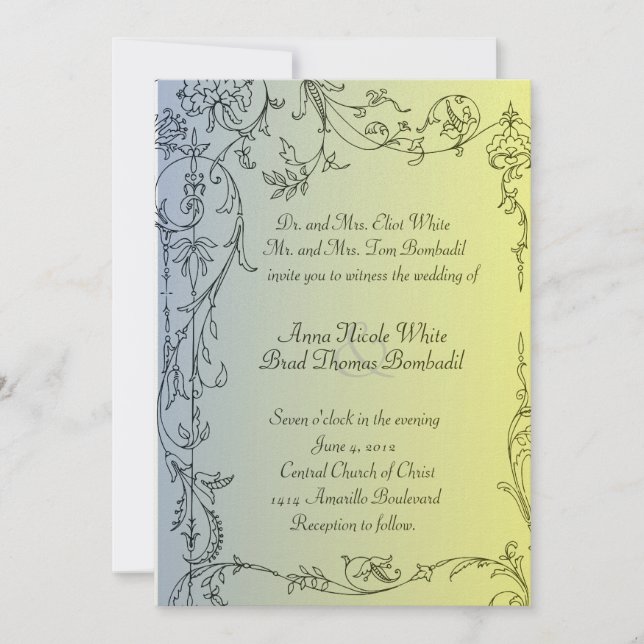 Antique Blue Yellow Vine Wedding Invitation (Front)