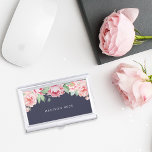 Antique Blush Pink Peony Business Card Holder<br><div class="desc">Elegant and feminine business card case in chic midnight blue features a canopy of blush pink watercolor peony flowers blooming from the top. Personalise with your name,  monogram or business name in modern white lettering.</div>