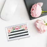 Antique Blush Pink Peony & Charcoal Stripe Business Card Holder<br><div class="desc">Elegant and feminine business card case in chic off-black charcoal stripes features a canopy of blush and sage watercolor peony flowers blooming from the top. Personalise with your name,  monogram or business name in modern off-black lettering.</div>