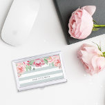 Antique Blush Pink Peony & Sage Stripe Business Card Holder<br><div class="desc">Elegant and feminine business card case in chic pastel sage mint green stripes features a canopy of blush and sage watercolor peony flowers blooming from the top. Personalise with your name,  monogram or business name in modern off-black lettering.</div>