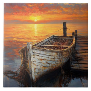 Antique Boat Fishing Nets by the Dock Tile