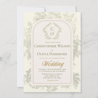 Antique Bohemian Toile Sage Green & Cream Wedding Invitation