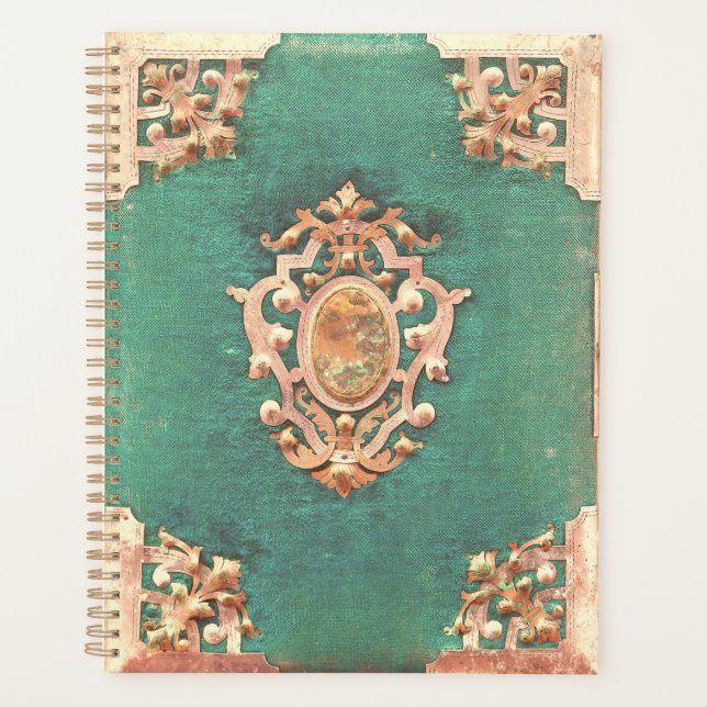 Antique book brass and green elegant victorian planner (Front)