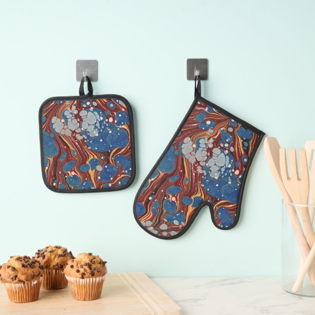 Antique Book Marbled (Blue) Oven Mitt & Pot Holder Set (Insitu(Hanging))