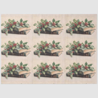 ANTIQUE BOOKS AND HOLLYBERRIES  Christmas Pattern Tissue Paper