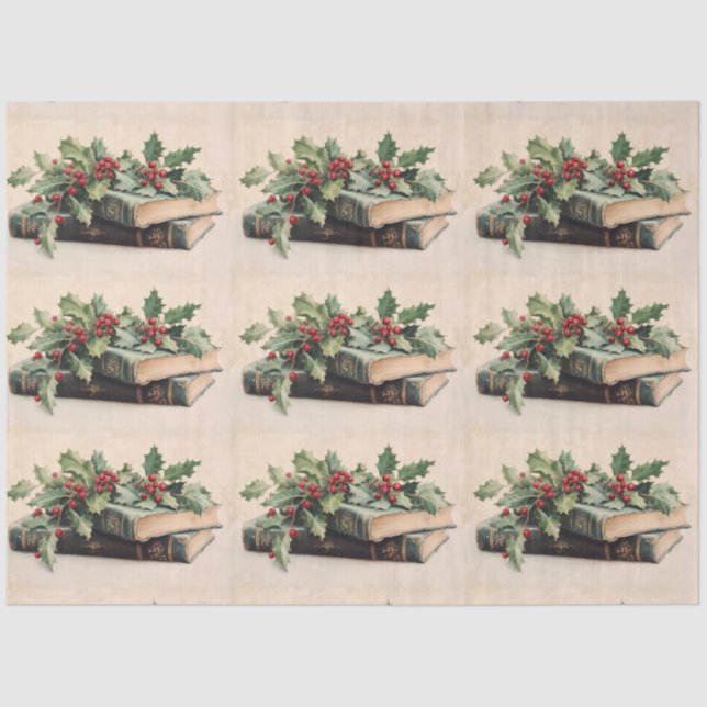 ANTIQUE BOOKS AND HOLLYBERRIES  Christmas Pattern Tissue Paper (Front)