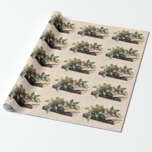 ANTIQUE BOOKS AND HOLLYBERRIES  Christmas Pattern Wrapping Paper