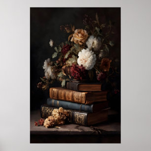 Antique Books & Blooms Dark Academia Still Life Poster