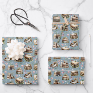 Antique Books & Flowers on Gray-Blue Wrapping Paper Sheet