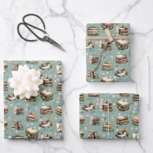 Antique Books & Flowers on Light Viridian Green Wrapping Paper Sheet
