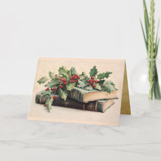ANTIQUE BOOKS WITH HOLLYBERRIES Vintage Christmas Holiday Card