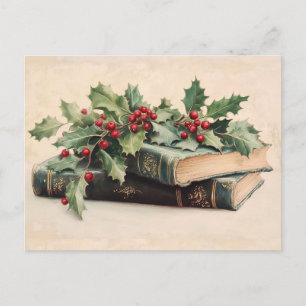 ANTIQUE BOOKS WITH HOLLYBERRIES Vintage Christmas Holiday Postcard